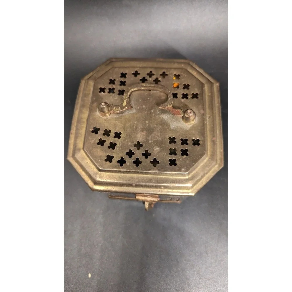Vintage Brass Metal Hinged Cricket Incense Box With Clasp And Handle